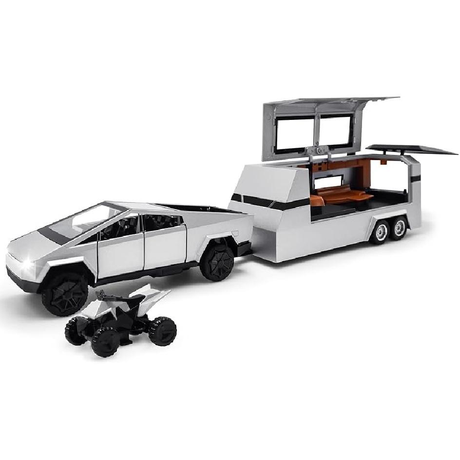 Cybertruck Model: 1/24 Diecast Metal Pick-Up Truck Trailer Toy with Motorcycle with Lights and Sounds for Boys, Ages 3 and Up (Silver, Pickup Trailer Silver Pickup Trailer Rv