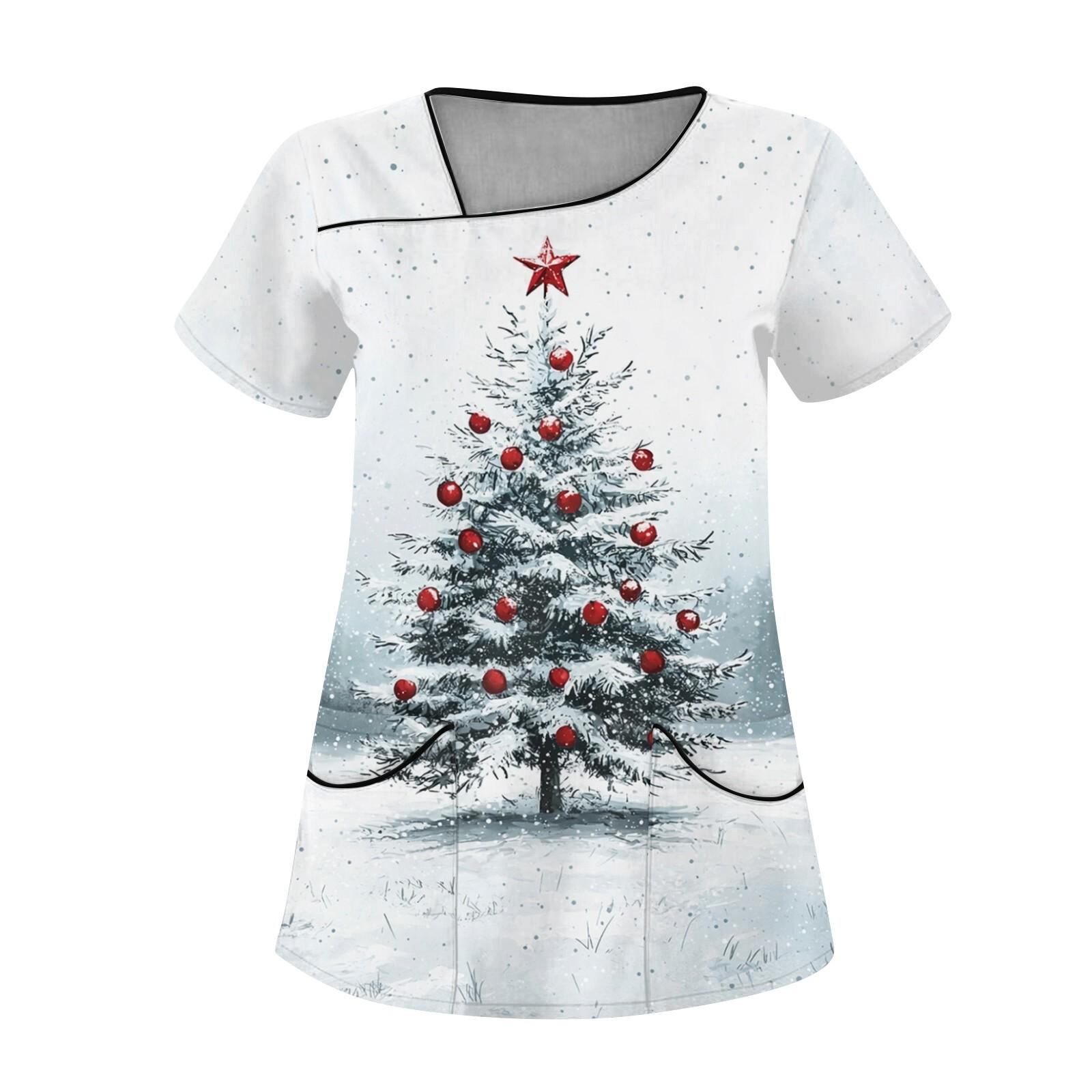 

Женская рабочая одежда с рождественским принтом, покатый воротник и двухслойные карманы, базовый пуловер сверху L белый