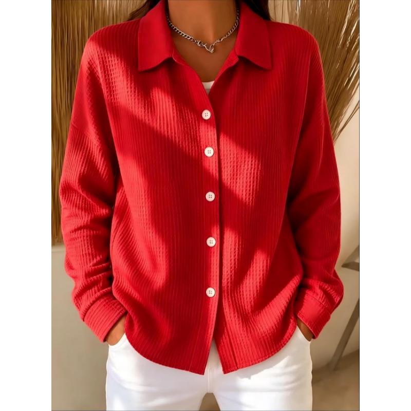 Women Solid Waffle Knit Button‑Up Shirt Jacket, Turn‑Down Collar Long‑Sleeve Loose Casual Fashion Open Front Cardigan Blouse
