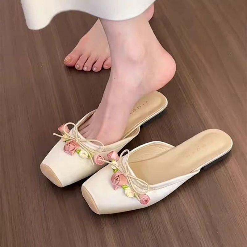 Shoes for Women Flat Sandals Square Head Woman Mules Slippers Flowers Summer Sale Footwear Chic and Elegant Korea Style Slides