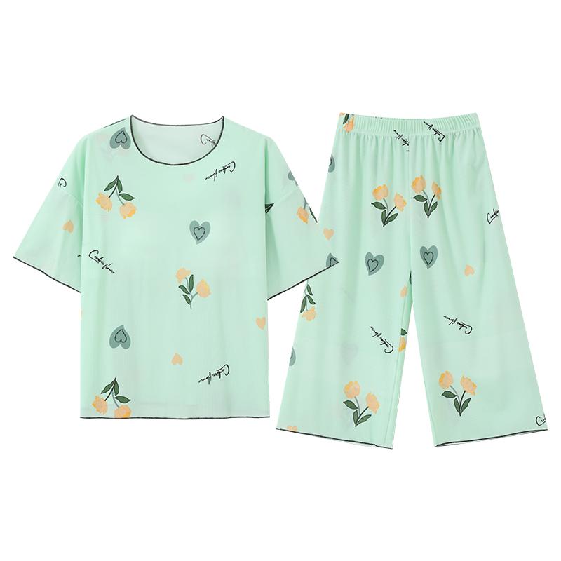 Summer Pajamas Set with Chest Pad for Women Plus Size 4XL 5XL Flower Print Short Sleeve Tops and Capri Pants Sleepwear Female Casual Pyjamas Homewear