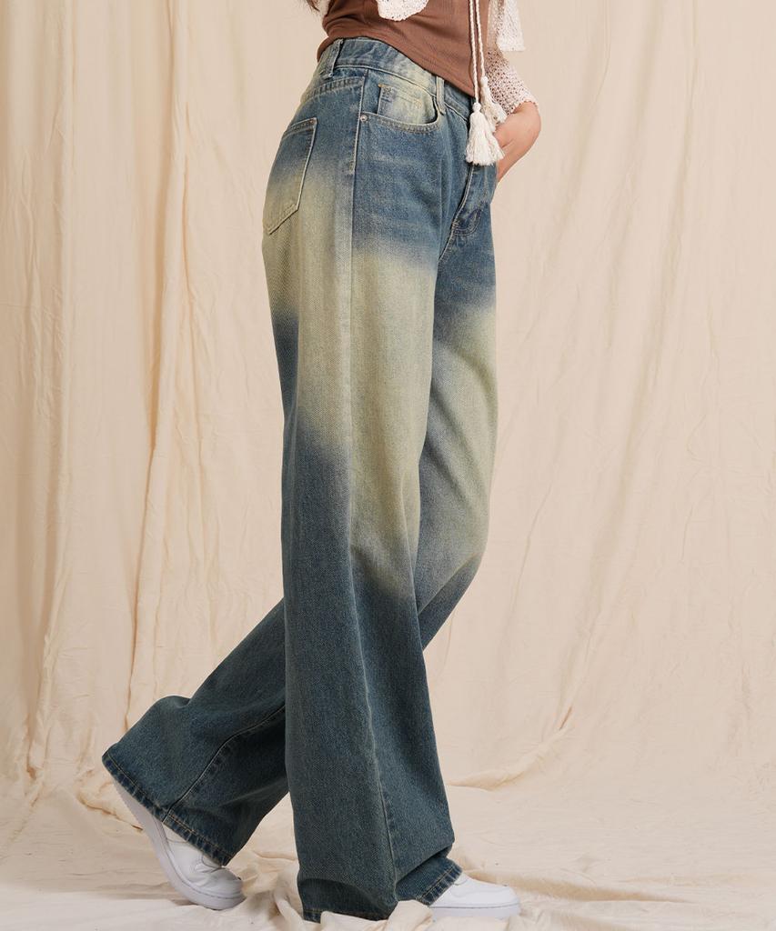 Ellamo 51_2 Women'S Vintage Washed Wide Half-Elastic Denim Pants (Short/Standard/Long)_Vintage Yellow