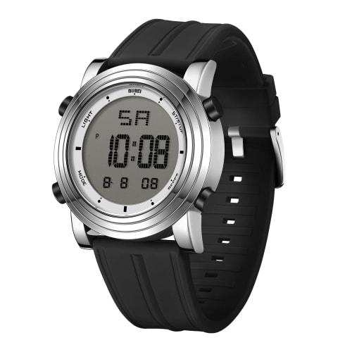 BUREI Men's Digital Watch with LED Display, Waterproof, Stylish Sports and Outdoor Watch with Date Display and Multifunction, Silver