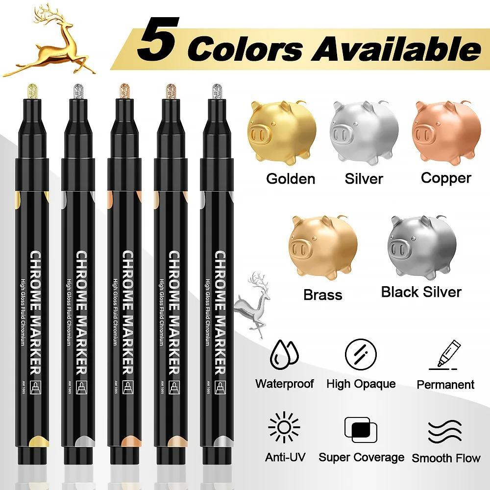5 colors Mirror Chrome Marker Paint Marker, DIY Silver Marker Pen Alcohol Paint for most surfaces, High-gloss display effects