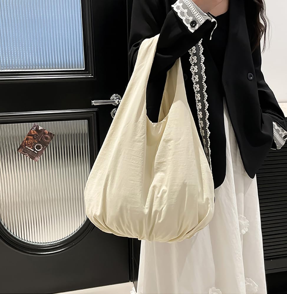 Cedar Eight Large Capacity Boat-Shaped Balloon Bag, Lightweight Canvas One-Shoulder Bag, A4 Compatible, Mother's Bag (White)