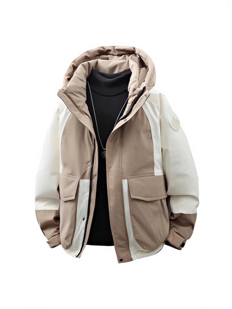 Trendy Hooded Patchwork Down Jacket for Couples: Autumn/Winter, Two-Way Zipper, 90% White Duck Down, Fashion Forward