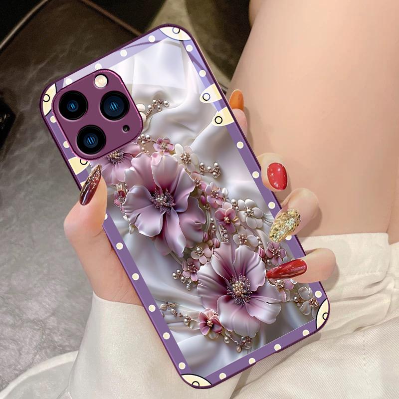 Box Pink Flowers For IPhone 16 Pro Max 15 Pro 14 13 12 Mini 11 XS Max XR 7 8 Plu SE 2022 Tempered Glass Phone Case