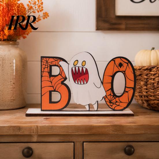 Holiday Window Display Ornament Halloween Wooden Table Sign, Cute Pumpkin Boo Ghost Vibrant Party Prop Tabletop Centerpiece for Indoor Mantel