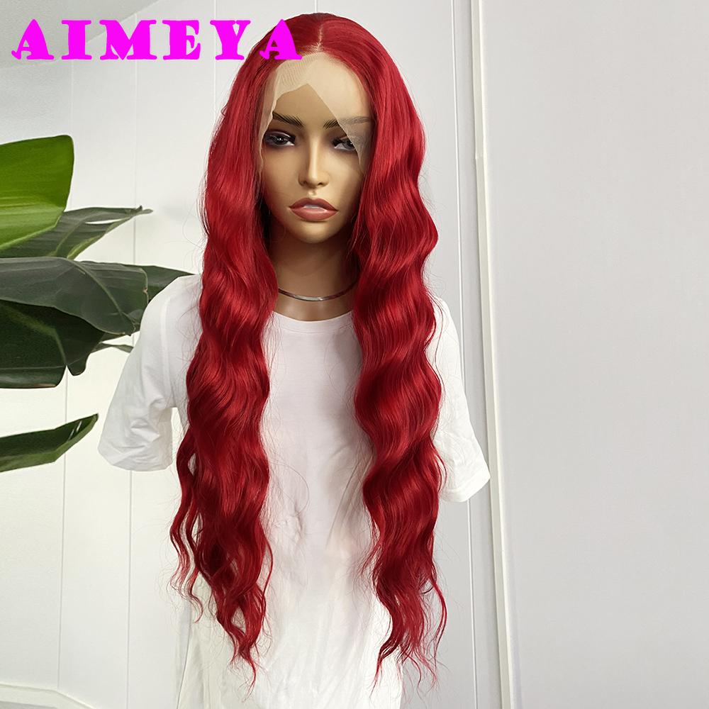

AIMEYA Red Long Wig Natural Hairline Loose Wave Lace Front Wig for Women Daily Use Heat Resistant Synthetic Hair Blue Purple (Red,24inches) красный