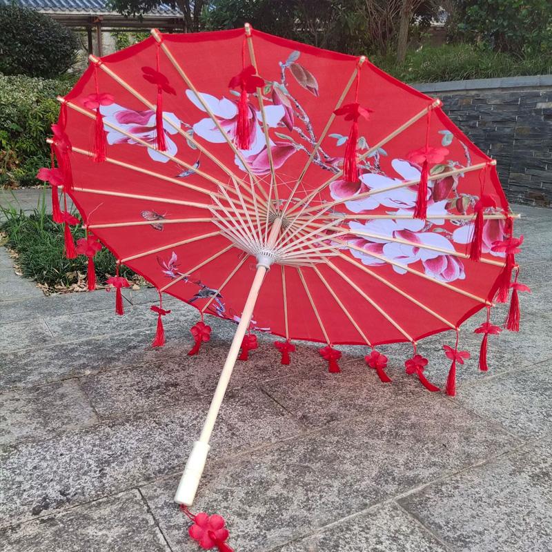 1PC Umbrella 70/82CM Oil Paper for Women Girl Performance Photo Props Antique Umbrella Parasol Satin Cloth Tassel