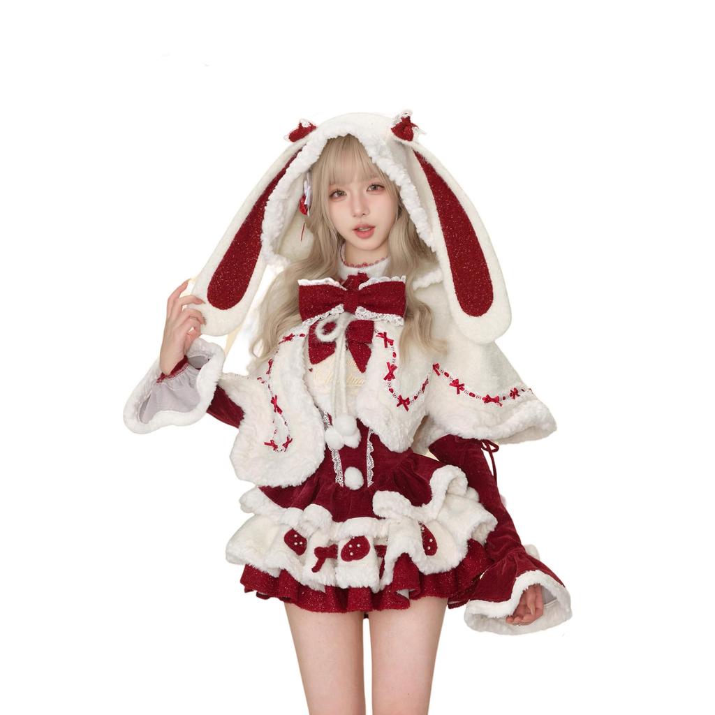 Santa Cosplay Long with Cute Bunny Red White [Cos Kingdom] Women's Costume, Lolita-Style Dress, Sleeves, Ears, & (L)
