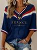 Damen Frankreich Print Lässiges Halbsleeve V-Ausschnitt T-Shirt Fußball Kulturelles T-Shirt