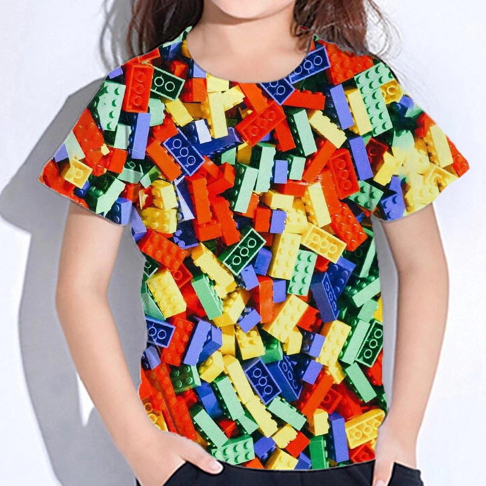 3D Colourful Bricks Short Sleeve Tshirts Summer Children's Boy's Clothing T-Shirt For Girls Kids Clothes Fashion 2026 Tees Tops