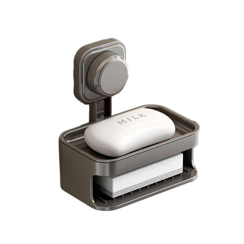 

Strong Suction Cup Soap Holder: No Punching Double-Tier Organizer with Drain Tray for Bathroom Essentials | Easy To Clean сірий колір