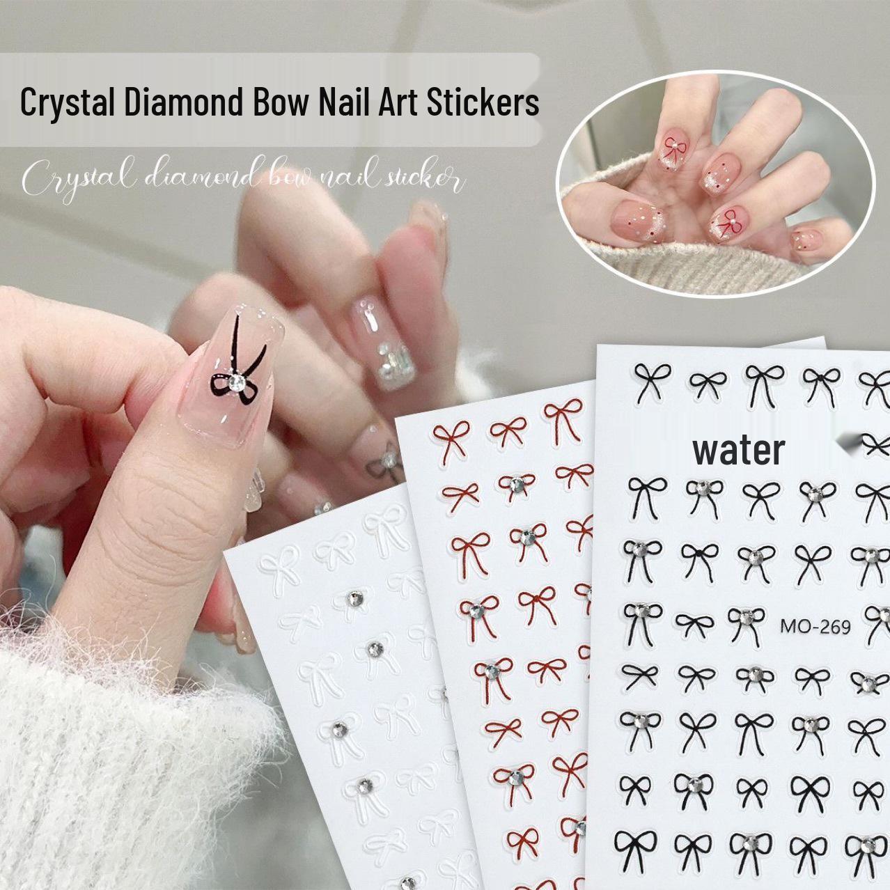 

Crystal Bow Nail Stickers: Embossed Black & White, Self-Adhesive, Fresh Design