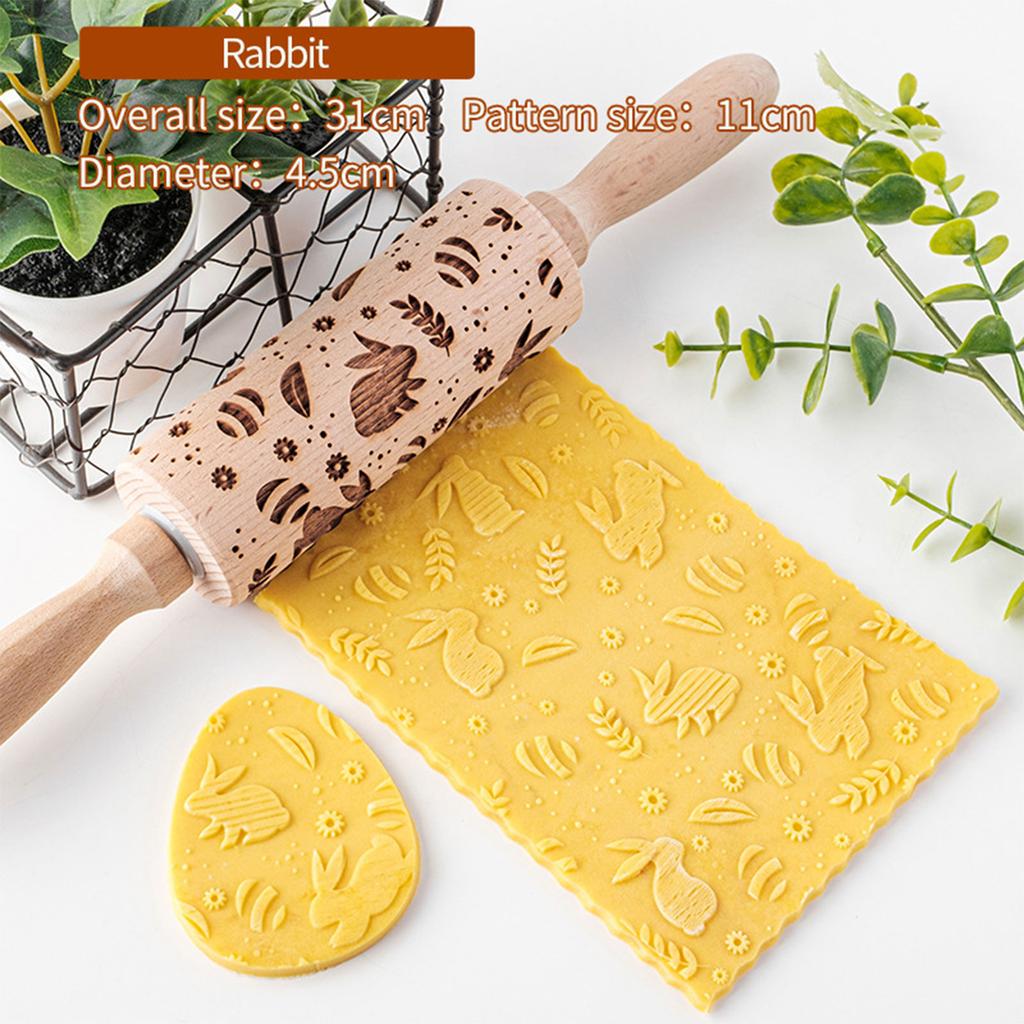 Easter Pattern Rabbit Egg Carrot Chicken Embossing Wood Stamps Rolling Pin Baking Cookie Fondant Cake Textured Roller