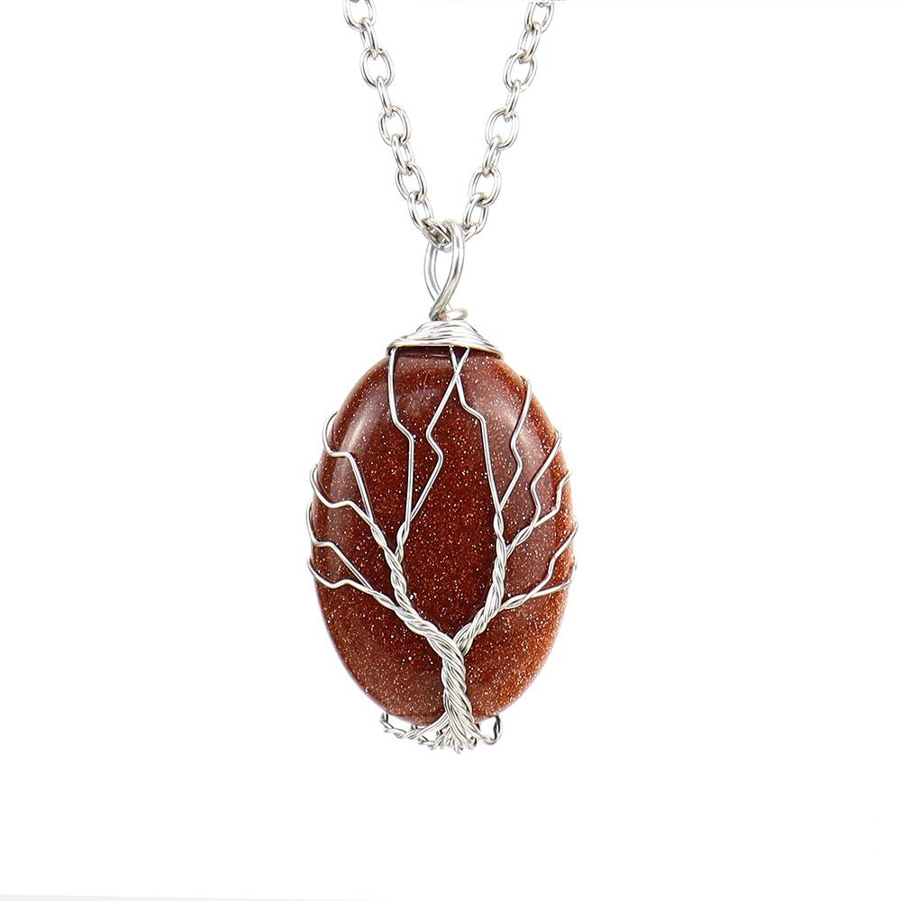 Natural Rough Crystal Amethyst Tiger Stone Oval Tree Of Life Pendant Necklace N643