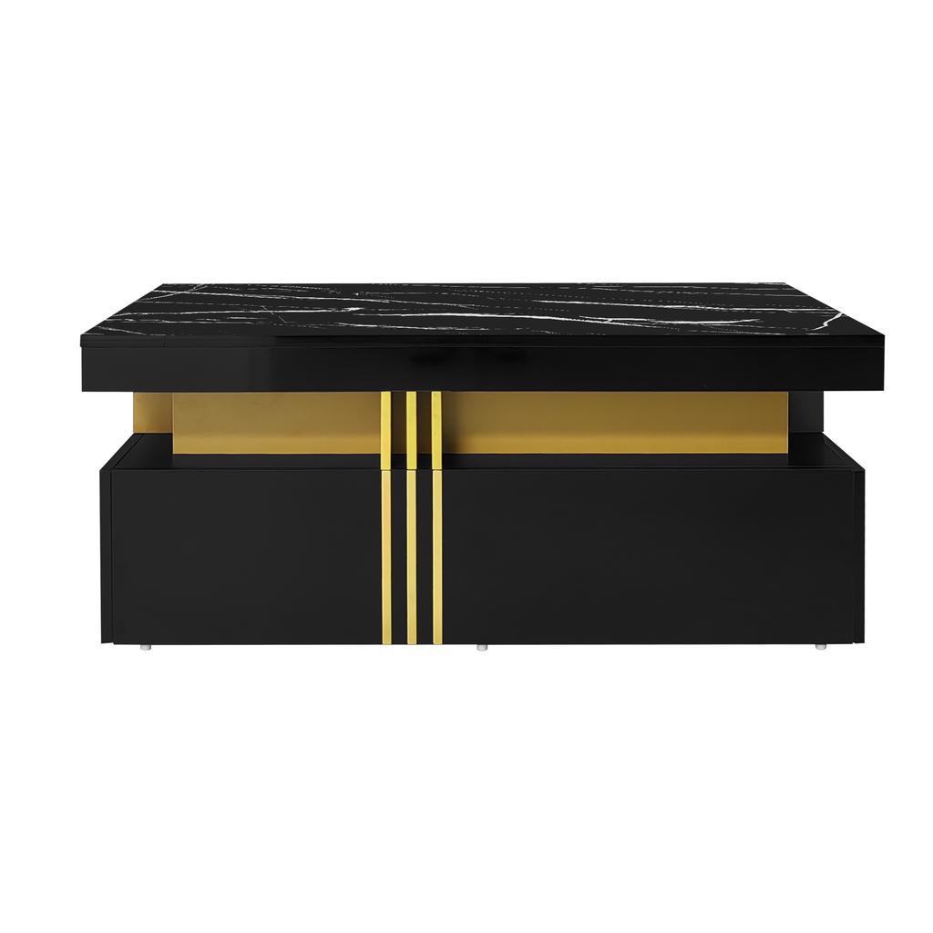 Tavolino Rettangolare Moderno con Piano ad Alta Lucentezza con 2 Cassetti in Legno, Piano Marmo, per Soggiorno, 100*50*40 cm