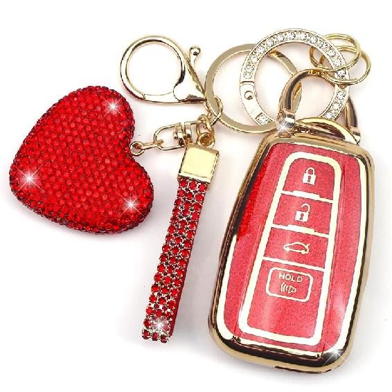 Key Fob Cover with Diamond Keychain Car Key Holder Compatible with Toyota 2018-2024 Highlander RAV4 Camry Avalon C-HR Corolla GT86 Smart Key