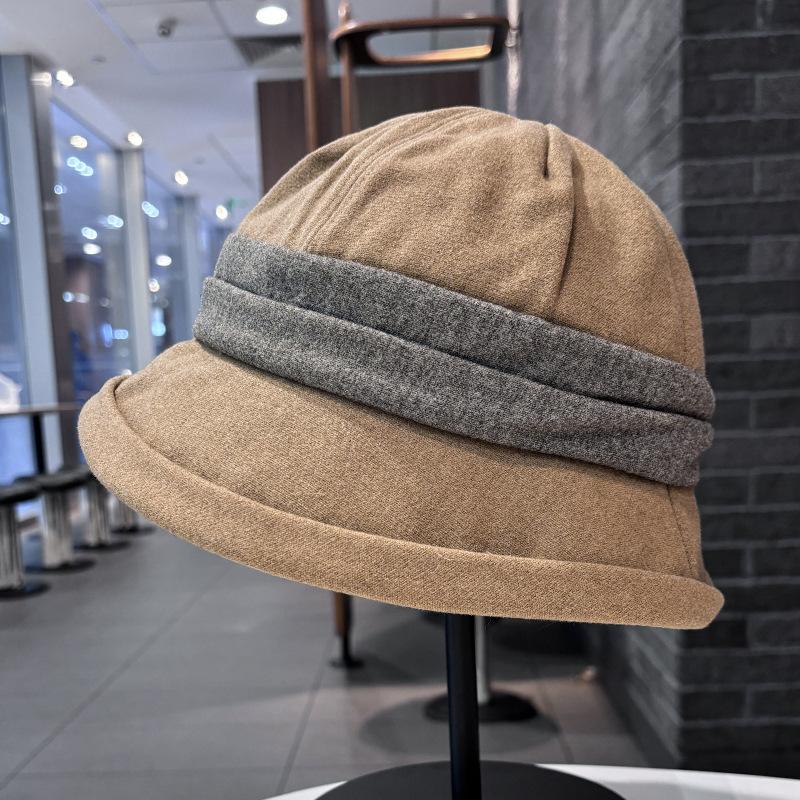 New Splicing Bucket Hat Women's Autumn and Winter Retro Face Small Versatile Stacking Basin Hat Casual Commuting