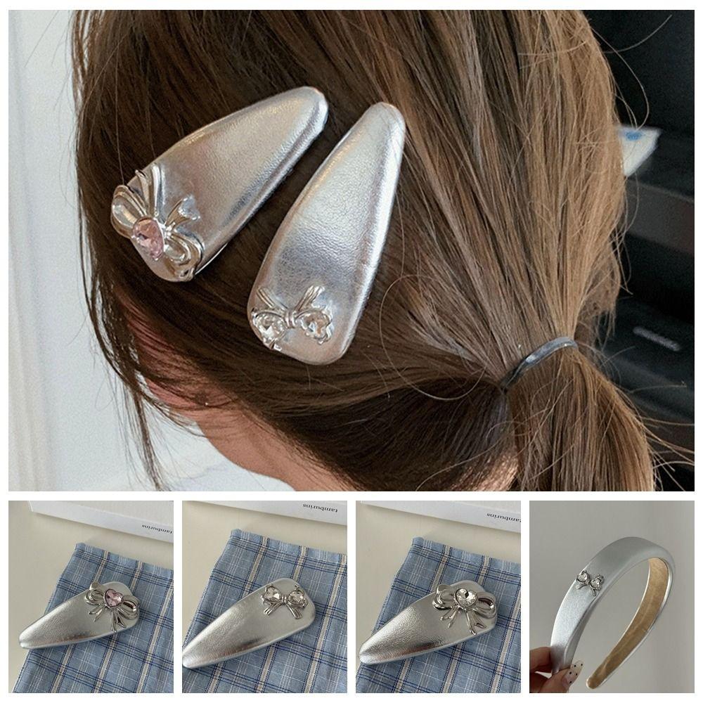 

Bow Silver Leather Hair Clip Diamond Silver Leather Headband Cool Girl