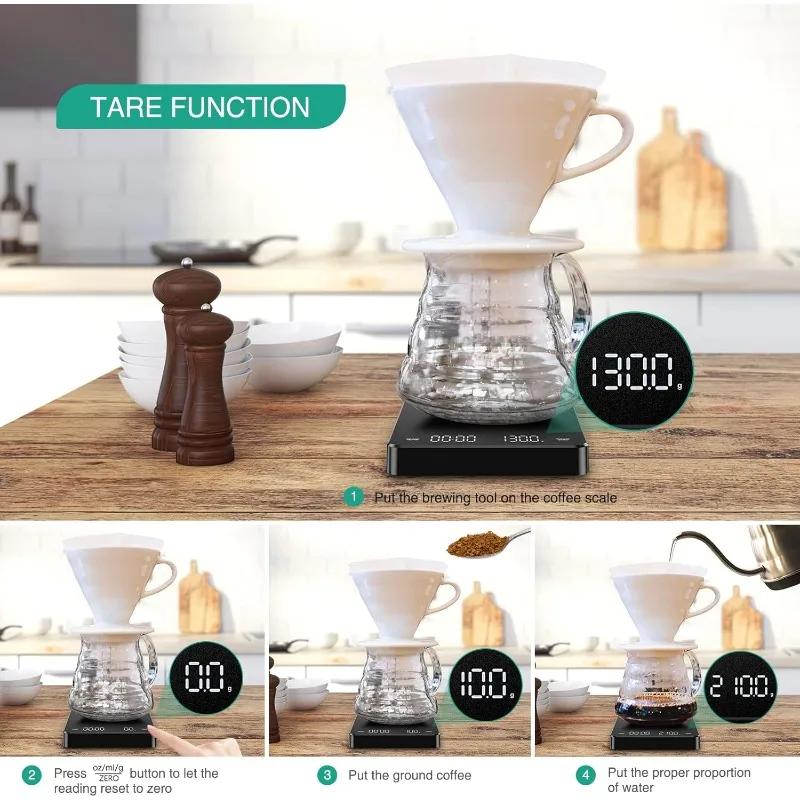 Professional Coffee Scale Digital 0.1g Precision Timer USB Rechargeable 3kg Max LED Screen for Espresso Kitchen Brewing