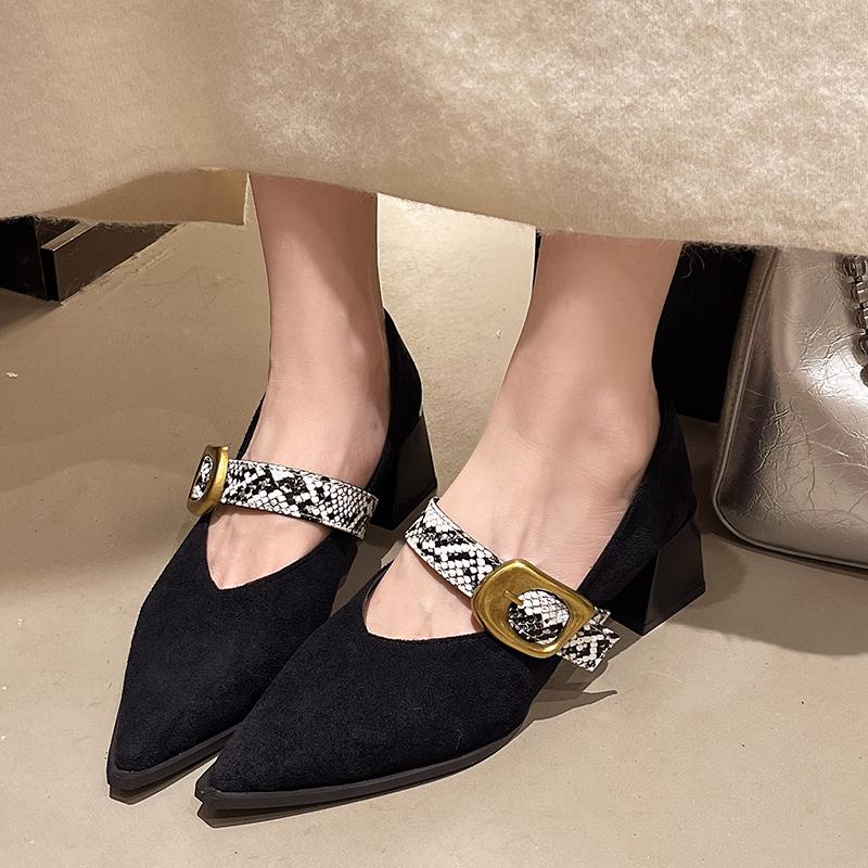 Women's Fashion Single Shoes Autumn New Pointed Toe Shallow Mouth Metal Buckle One Slip Block Heel Shoes