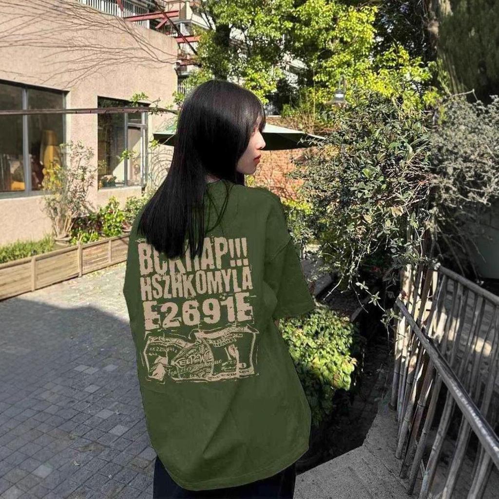 Plus Size Army Green Hong Kong Style Loose T-Shirt for Women - Trendy High Street Summer Top