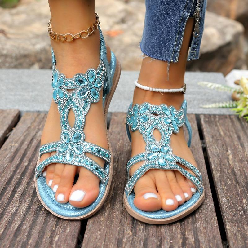 Fashion Summer New Fashion Crystal Sandals Women's Round Toe Open Toe Cutout Breathable Soft Sole Non-slip Flats