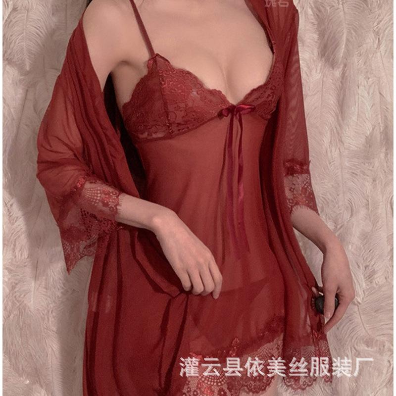 Man Wants To Suspender Nightgown Women's Summer Ice Silk Sexy Gathering Pajamas Lace Hot Temptation Pure Desire Underwear Thin Suit