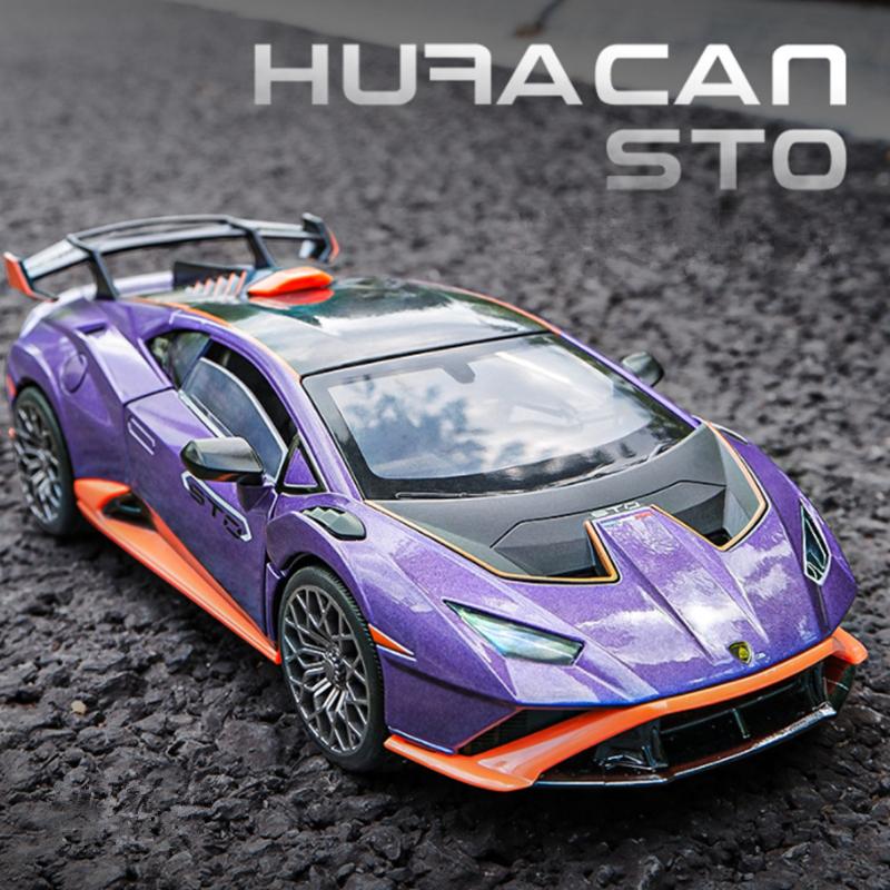 1/24 Lamborghini HURACAN STO Alloy Sports Car Model Diecast Metal Toy Racing Car Model High Simulation Collection Sound and Light Kids Gifts