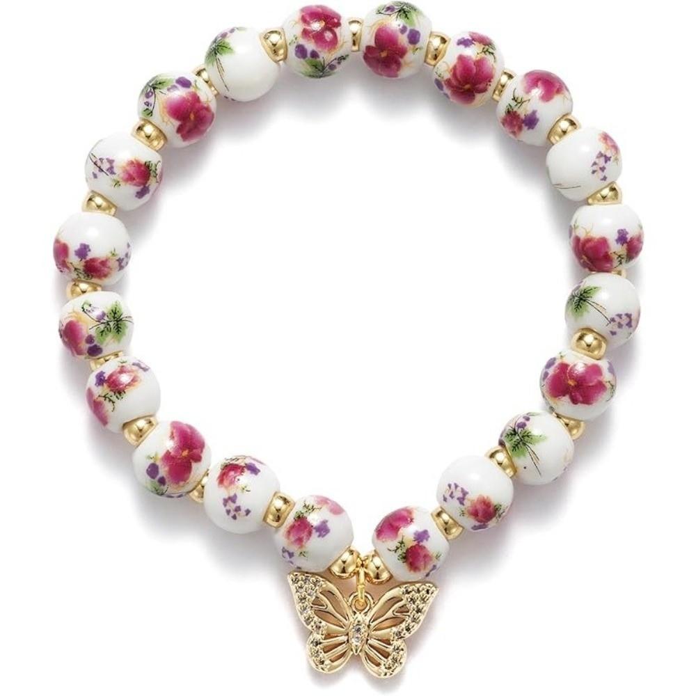 Chinese Style Blue and White Porcelain Bracelet Elastic Vintage Beaded Bow Bracelet Versatile Pretty Ceramic Bracelet for Women