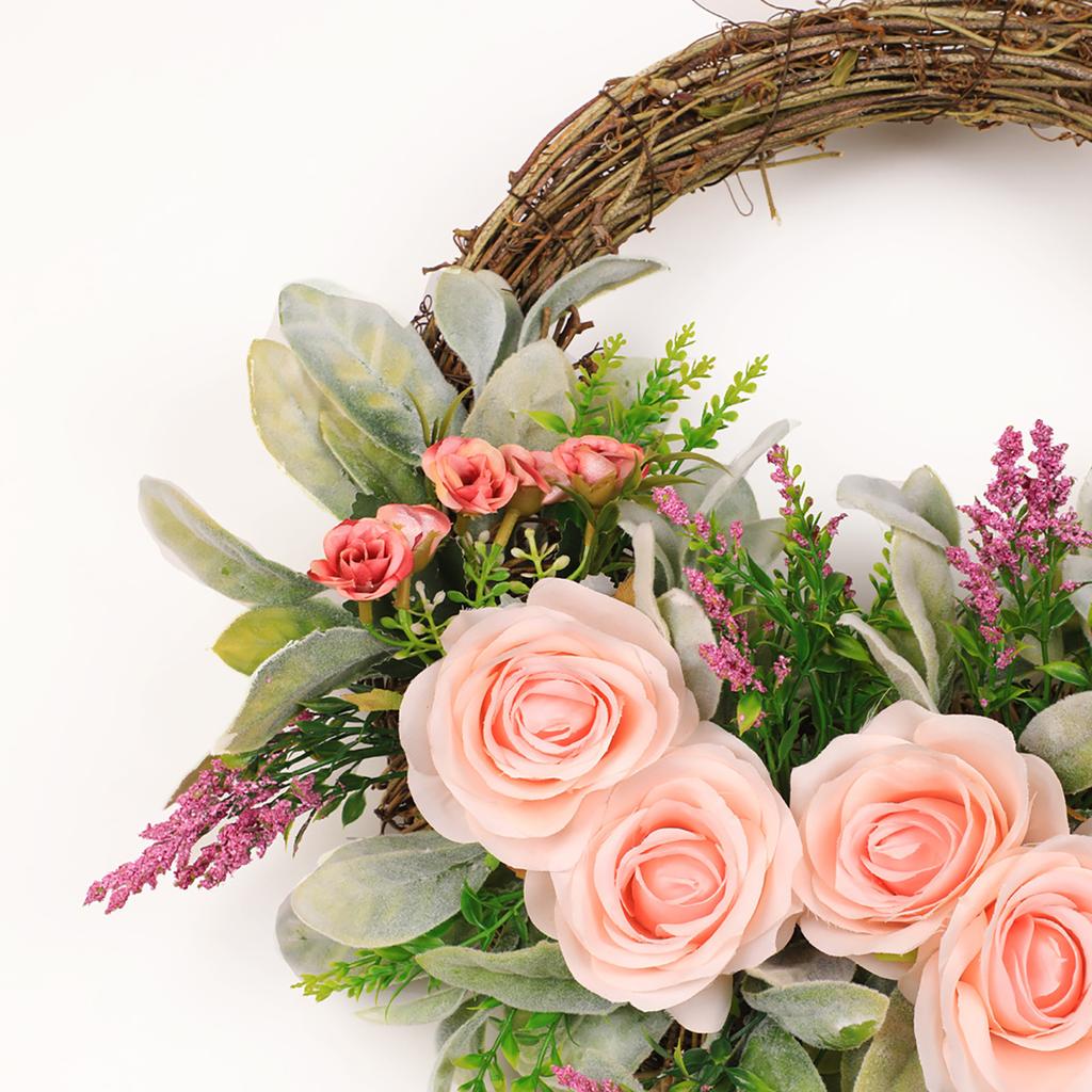 40cm Spring Wreath with Rabbit Ears & Fake Roses Plastic Vine Wall Decor for Home
