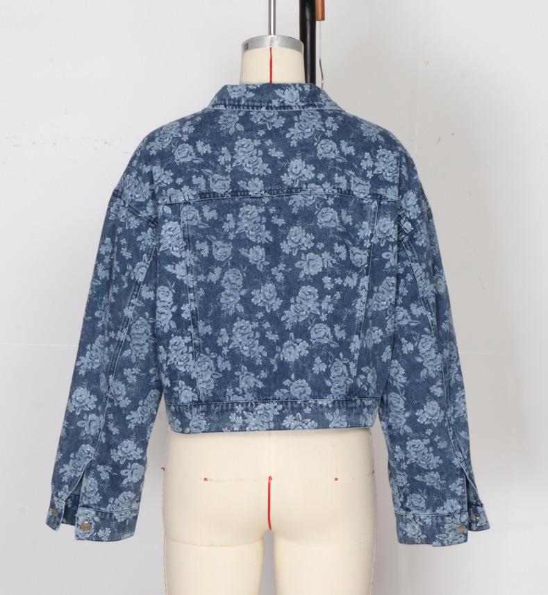 Dámská džínová bunda s květinovým potiskem - Evropská & Americká Jarní/Podzimní Ležérní Jednobarevná