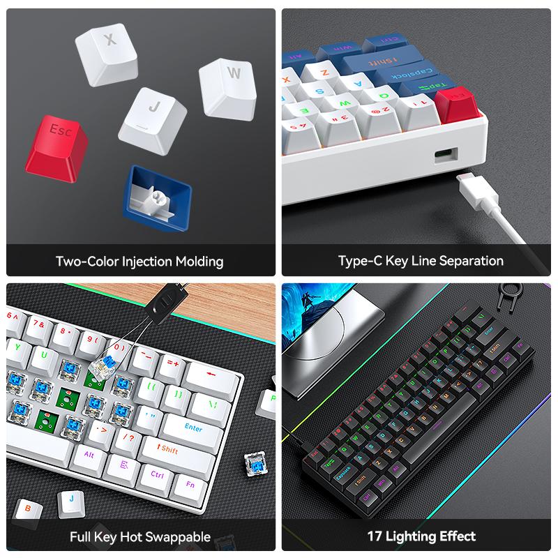 T60 Mechanical 61keys Gaming Wired Keyboard Customized Hot-Swap RGB Backlit Multimedia Function Keys for Laptop/PC