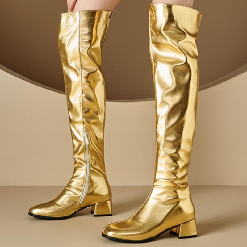 Sexy Women's High Boots Luxury Low Heels Over-the-knee Boot Patent Gold Silver Long Footwear Winter Shoes Lady Large Size 46