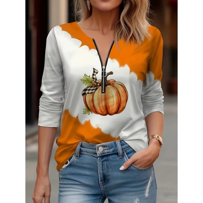 Women s Casual Fashion Holiday Regular Fit Full Print Zipper Long Sleeve V-Neck T-Shirt Top S