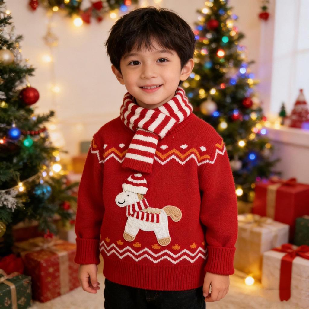 Kids' Year of the Horse Winter Sweater - New Year Style for Boys, Available for Small and Medium Children