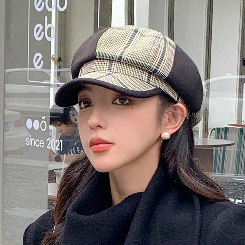 British Retro Light Luxury Octagonal Hat Children's New Autumn and Winter Plaid Splicing Newsboy Hat Fashion Painter Hat