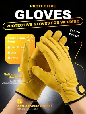 Welding Protective Gloves - Soft Cowhide Leather Work Gloves (Cut/Puncture/Burn Resistant)