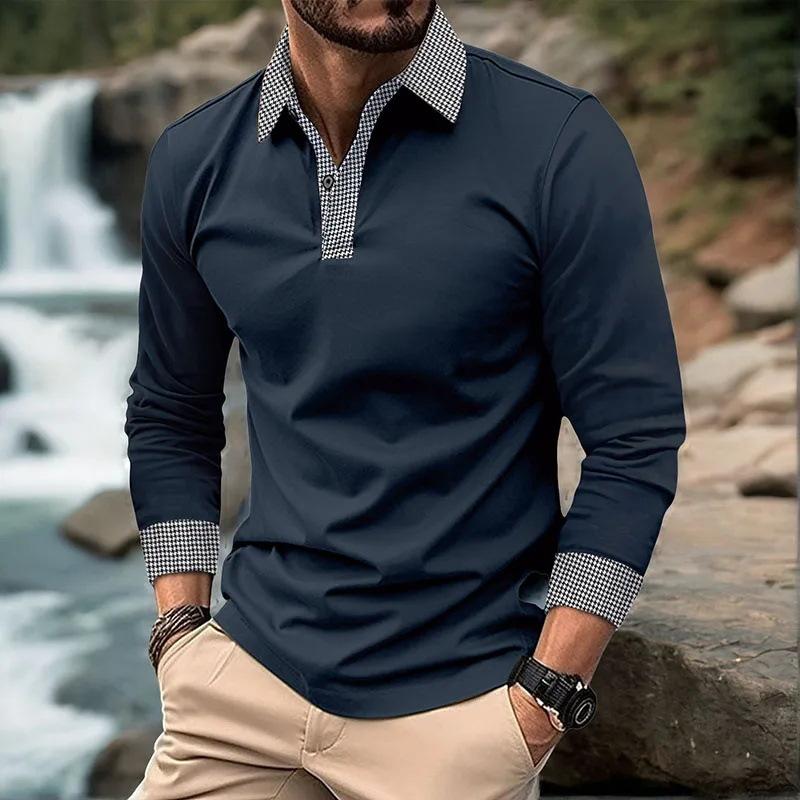 Men's Long Sleeve Polo Shirt with Plaid Trim, Casual Fashion Essential