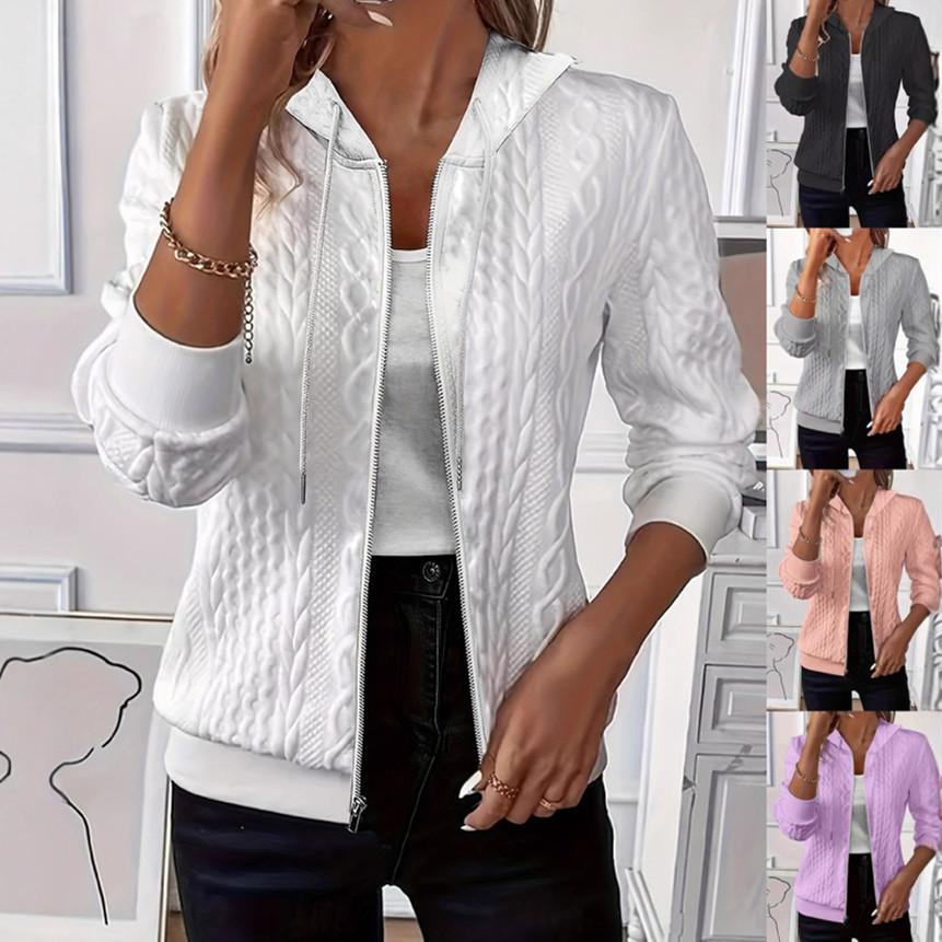 Women's White Knit Zip-Up Hooded Sweatshirt with Multiple Color Options