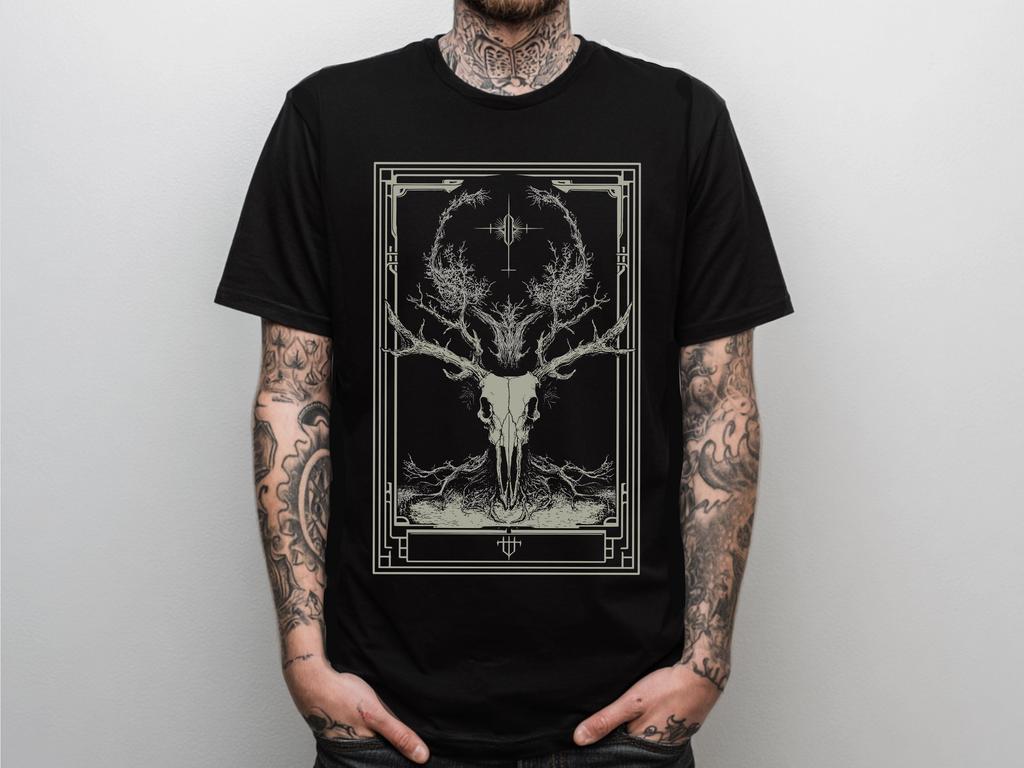 Unisex Deer Skull Gothic Shirt, Witchy Tarot Card Graphic T-Shirt, Goth Alt Clothing, Alternative Streetwear, Goth Gift For Him or Her