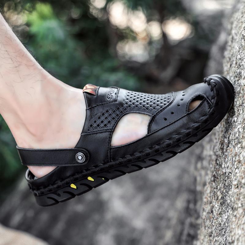 Sandales de randonnée pour hommes Sandales en cuir noir Sandales d'été d'extérieur Sandales romaines à bout large Marron Chaussures de plage Chaussures d'eau Grande taille