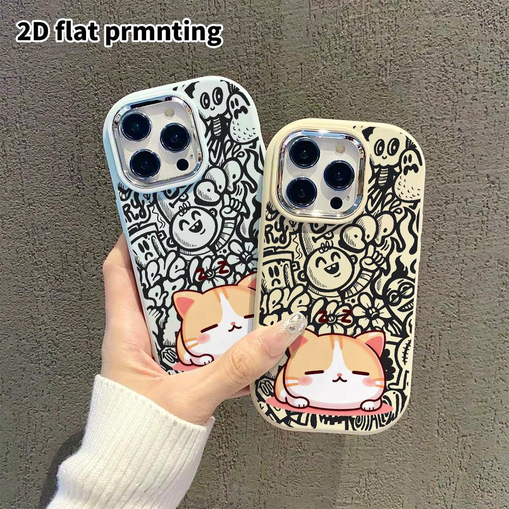 Phone Case: 2D flat design suitable for iPhone 18 17 16 15 14 13 Pro protective case, couple style, sleeping chubby orange cat, Christmas and Hallowee