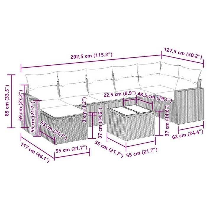 VidaXL Garden Lounge Set 8 Pcs with Grey Cushions Wicker 3325417