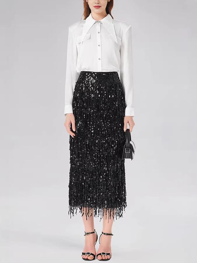 Women's Solid Color Sequin Tassel Long Pencil Skirt with Slit - European & American Fashion