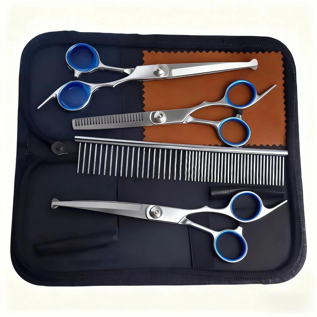 Portable Pet Grooming Scissor Set: Flat & Curved Hairdressing Tools