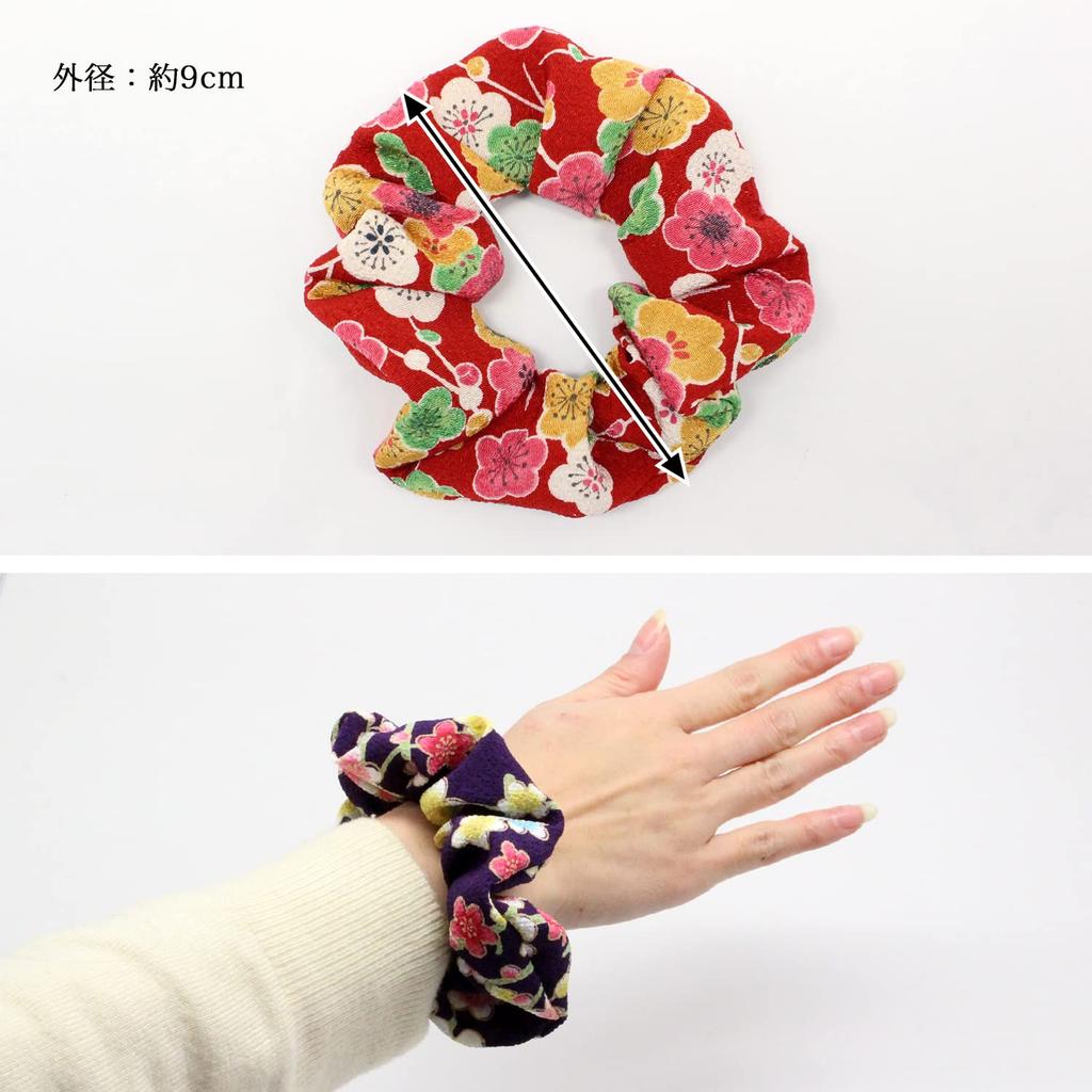 Komono Kobo Scrunchie, Small Hair AccessoryHair Tie, Futakoshi Chirimen Silk, Kyoto, Wa-KOMONO, Edo Komon 1002 (Double Cherry Blossom (Navy))