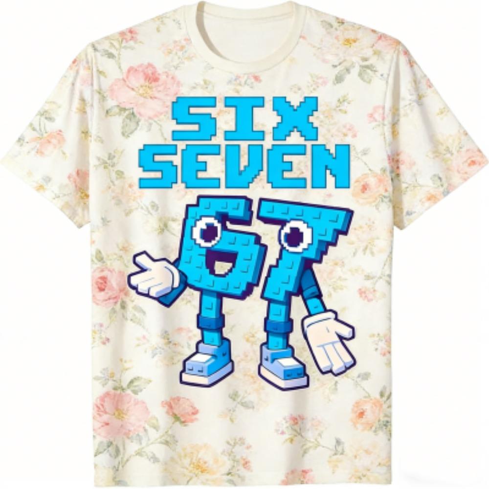 Modisches Herren-T-Shirt 67 Six Seven Blumenstreifen-Print Herren- und Damen-T-Shirts Top Sommer Kurzarm Rundhalsausschnitt Lässig Outdoor Herrenbekleidung